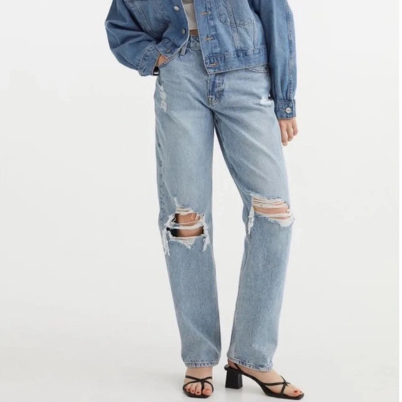 & DENIM Distressed 90s Boyfriend Light Wash Jeans - Picture 1 of 11